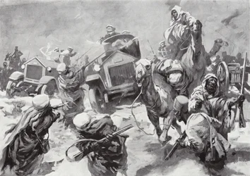 Le Duc de Westminster et ses voitures blindées se précipitent au secours des équipages naufragés saisis par les Senussi, Cyrénaïque, Afrique du Nord, 17 mars 1916